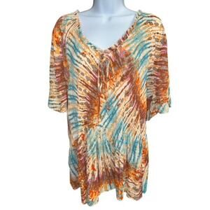Chloe & Rene 1X Top Unique Orange Green Tie Dye Accordion Pleat Flattering Artsy